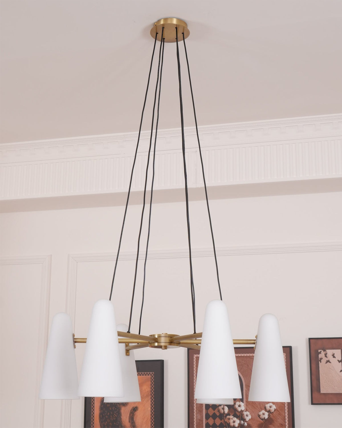 Brass Chandelier with White Glass Shades Candelabra Base Dining Room