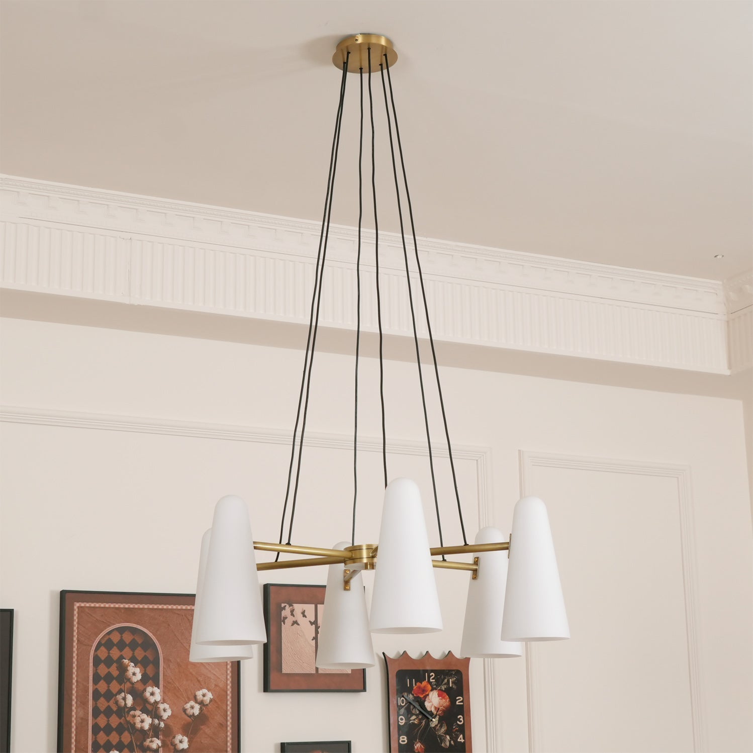 Brass Chandelier with White Glass Shades Candelabra Base Dining Room