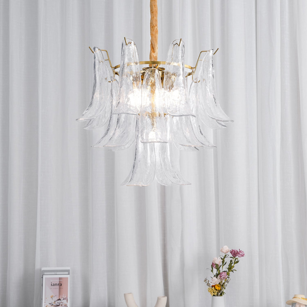 Murano Style Glass Petal Chandelier Hand Formed Glass Copper Frame
