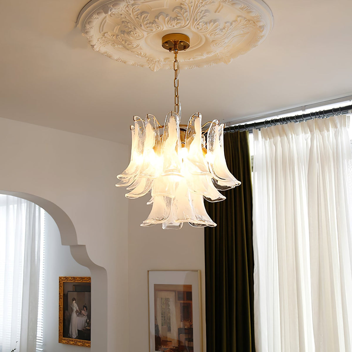 Murano Style Glass Petal Chandelier Hand Formed Glass Copper Frame