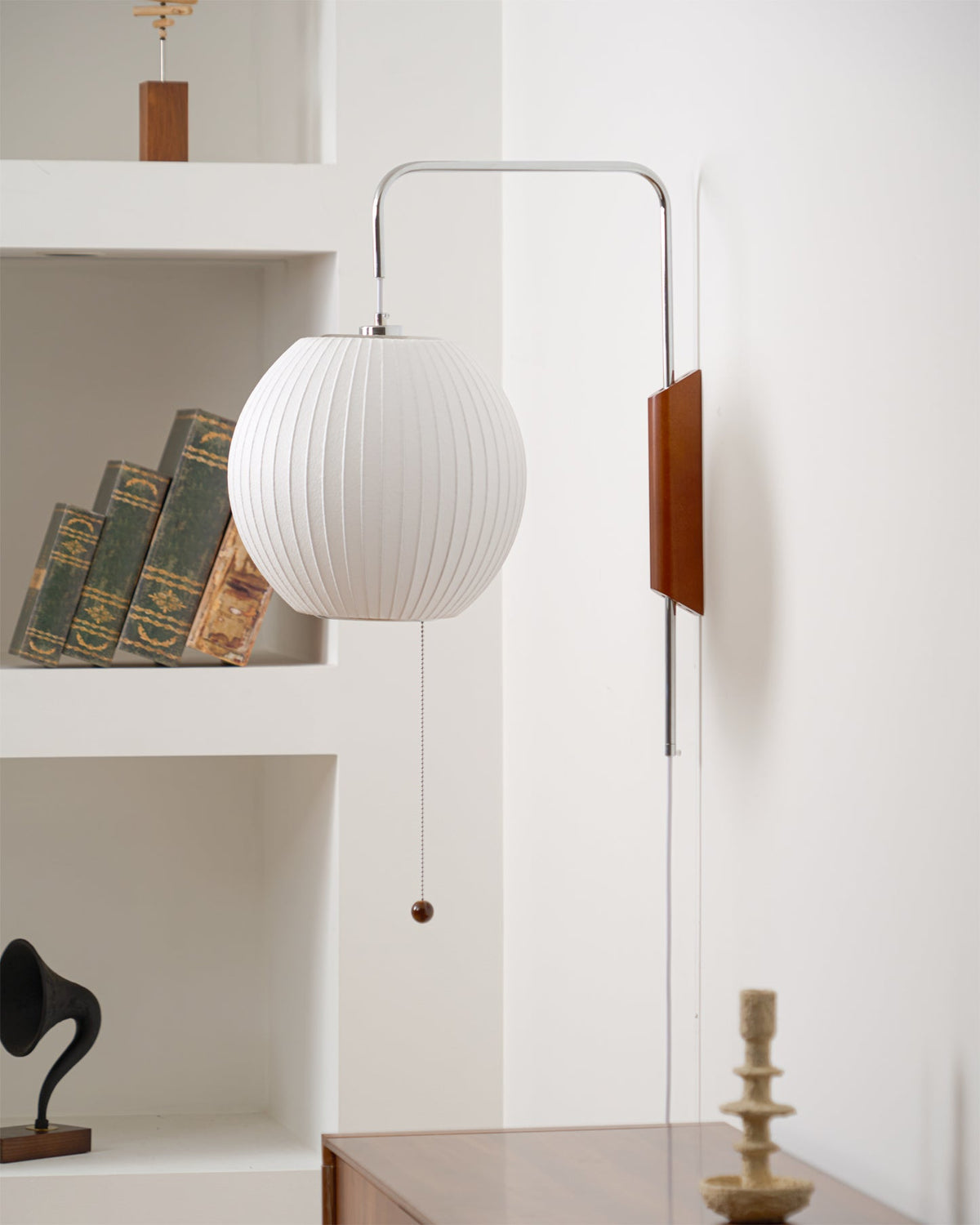Plug In Wall Sconce Polymer Shade Walnut Backplate Mid Century Bedside