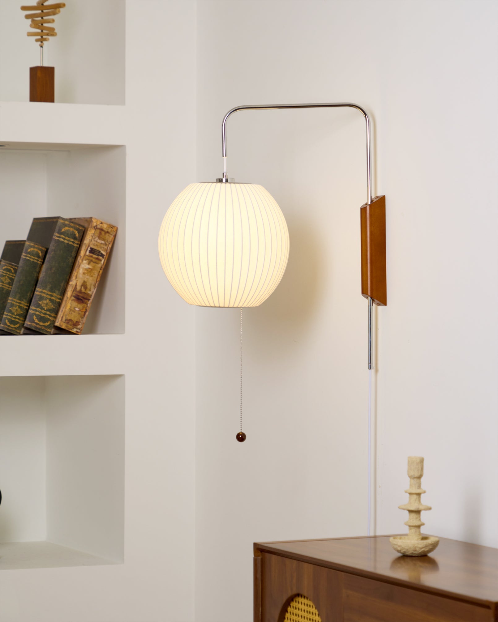 Plug In Wall Sconce Polymer Shade Walnut Backplate Mid Century Bedside