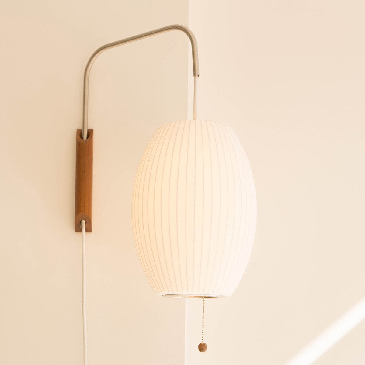 Plug In Wall Sconce Polymer Shade Walnut Backplate Mid Century Bedside