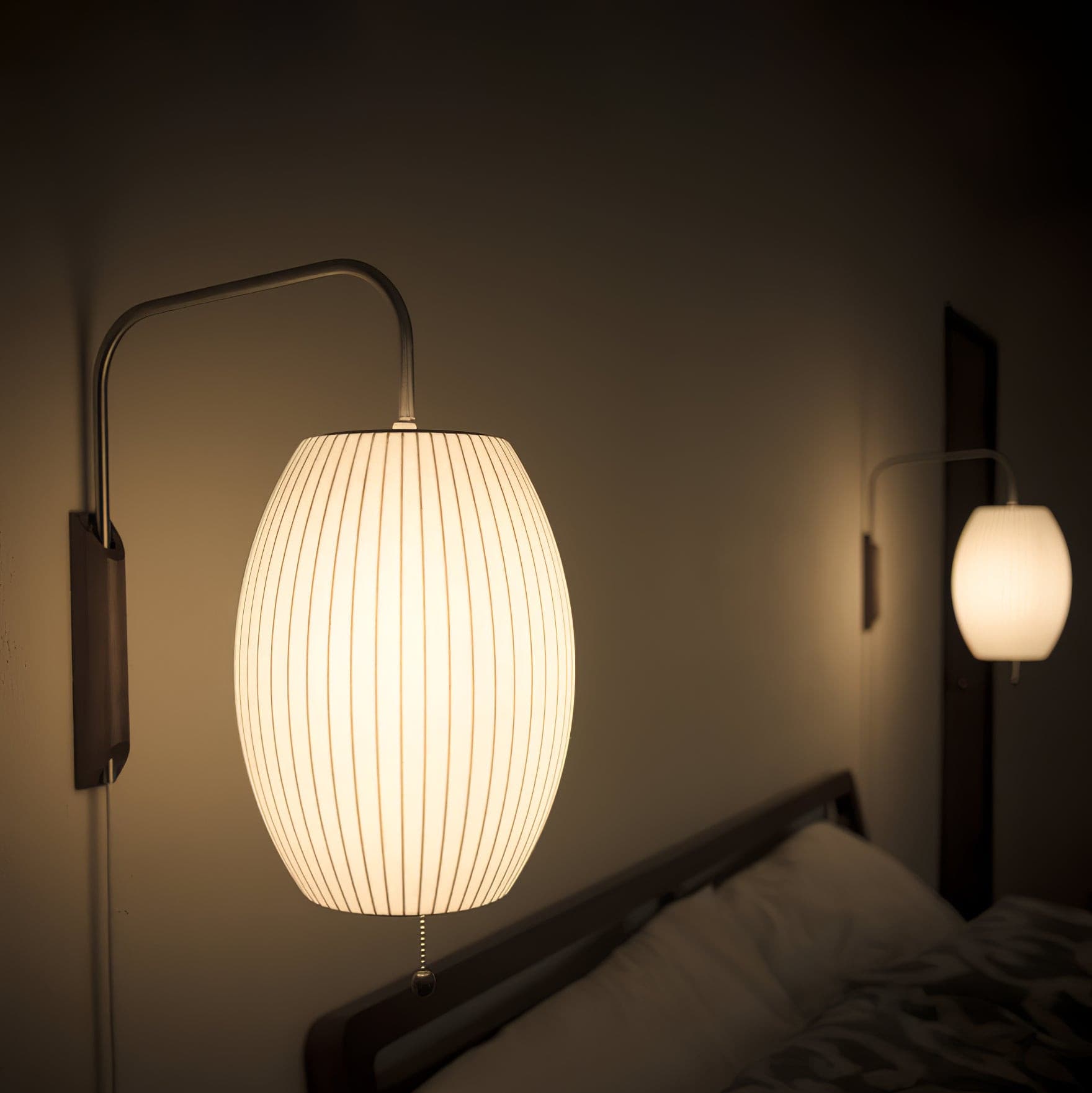 Plug In Wall Sconce Polymer Shade Walnut Backplate Mid Century Bedside