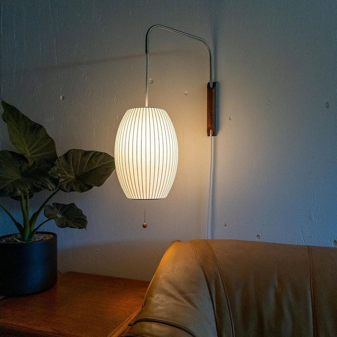 Plug In Wall Sconce Polymer Shade Walnut Backplate Mid Century Bedside