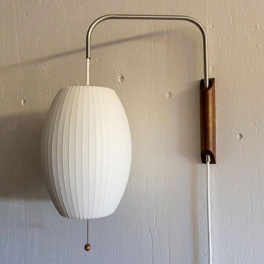Plug In Wall Sconce Polymer Shade Walnut Backplate Mid Century Bedside