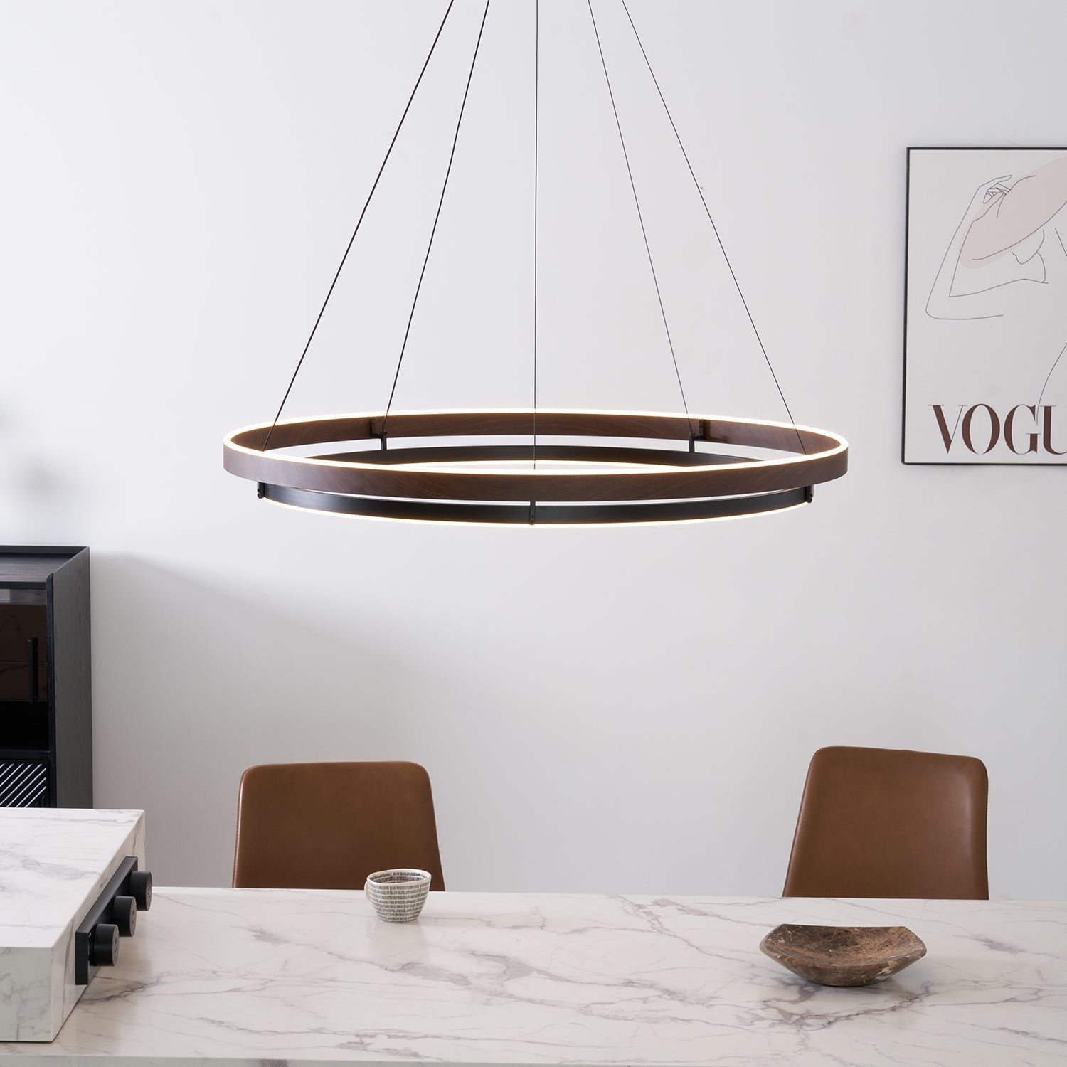 Halo Ring LED Pendant Light Walnut Finish Triac Dimmable Living Room