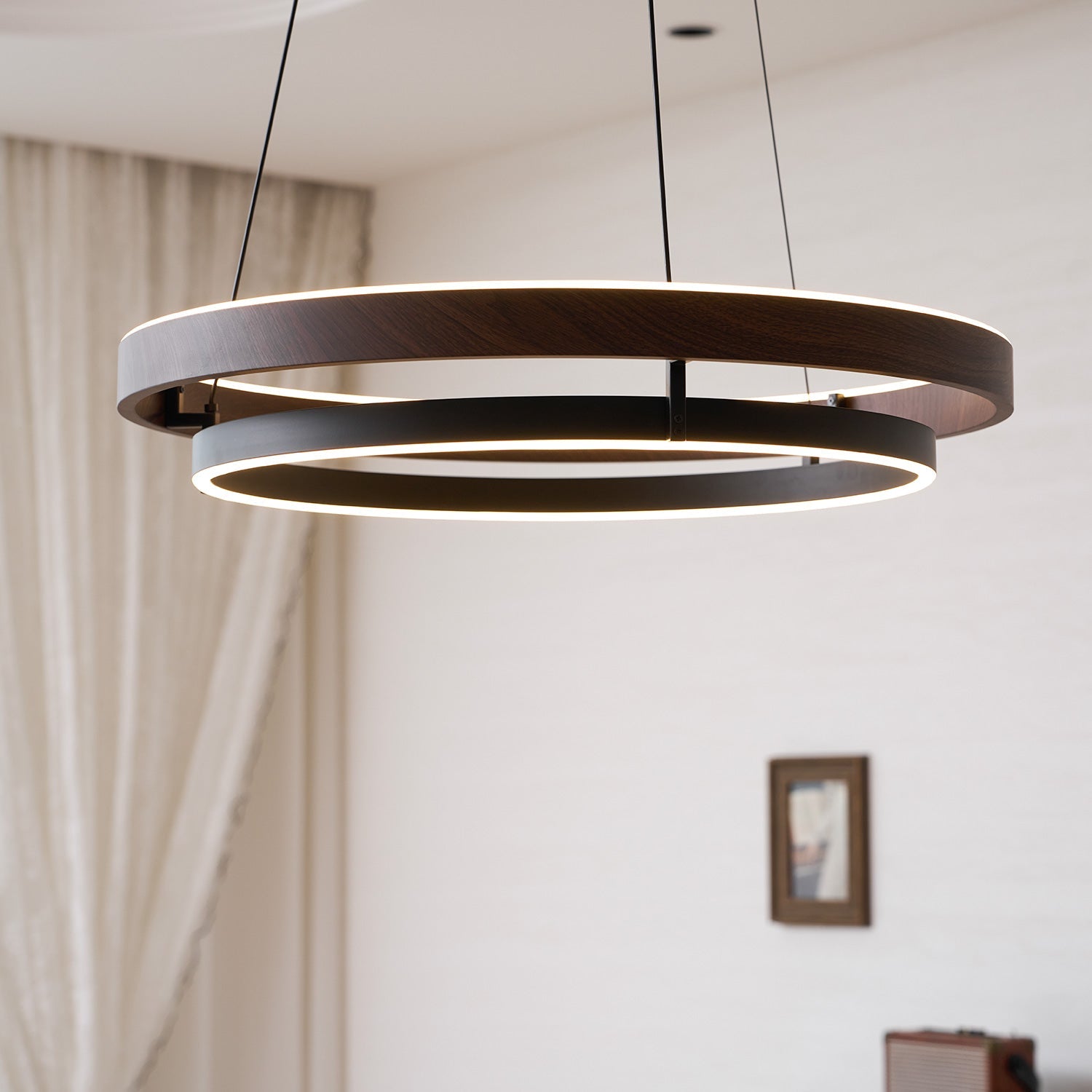 Halo Ring LED Pendant Light Walnut Finish Triac Dimmable Living Room