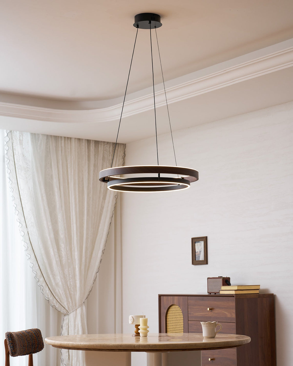 Halo Ring LED Pendant Light Walnut Finish Triac Dimmable Living Room