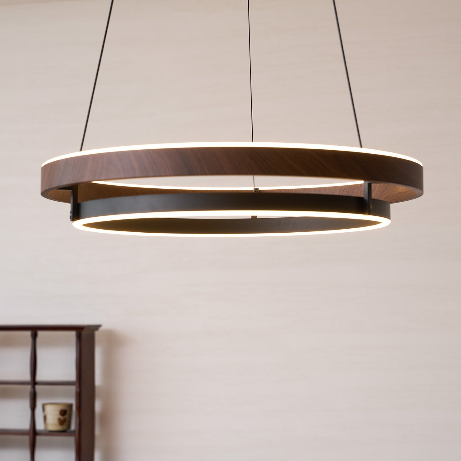 Halo Ring LED Pendant Light Walnut Finish Triac Dimmable Living Room