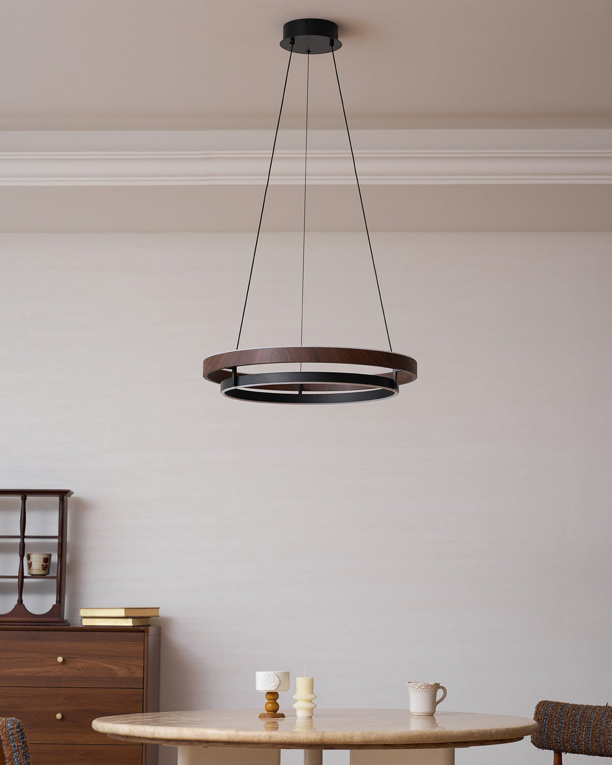 Halo Ring LED Pendant Light Walnut Finish Triac Dimmable Living Room