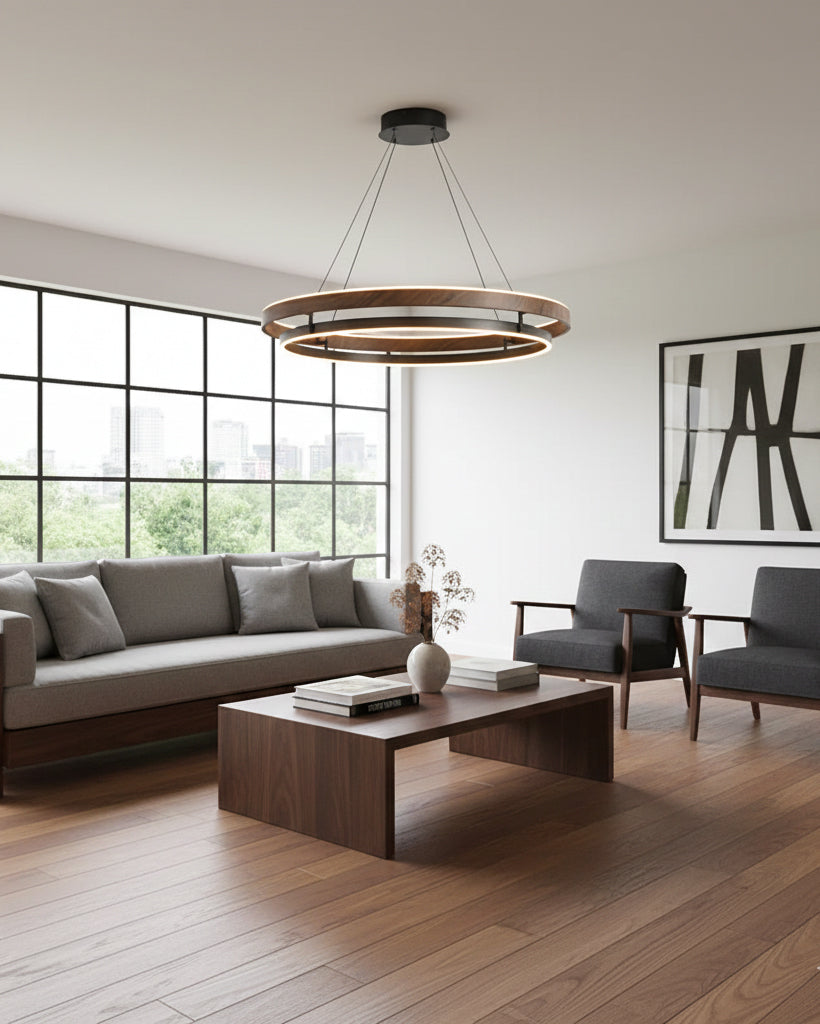 Halo Ring LED Pendant Light Walnut Finish Triac Dimmable Living Room