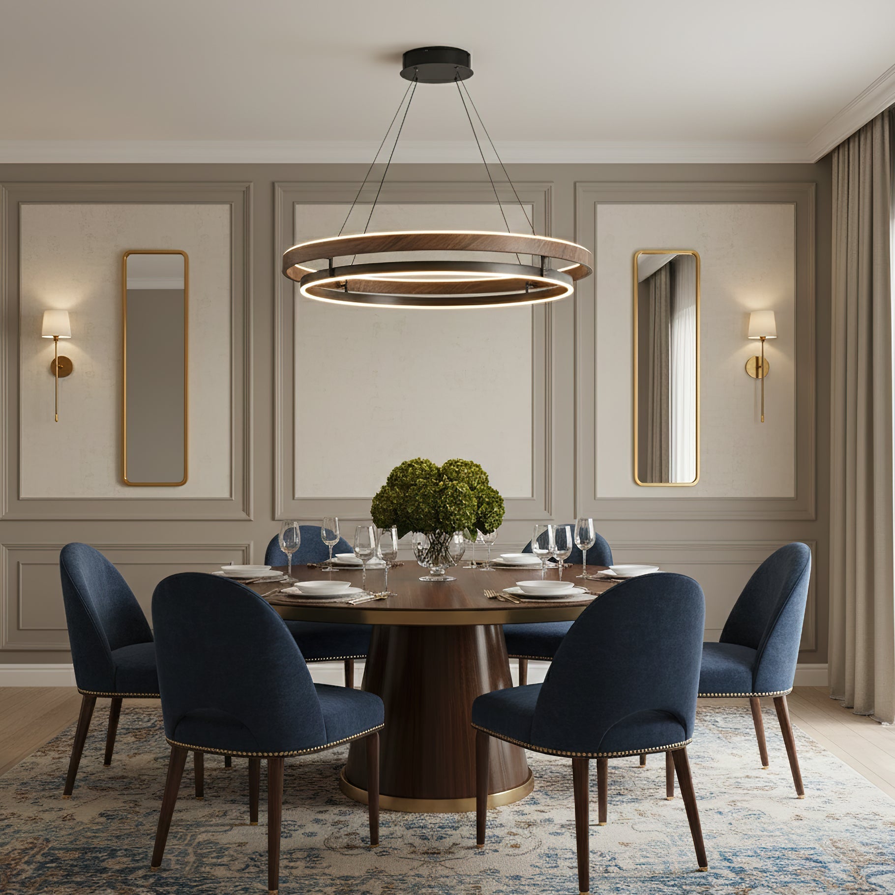 Halo Ring LED Pendant Light Walnut Finish Triac Dimmable Living Room
