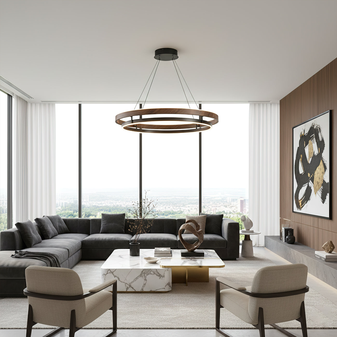 Halo Ring LED Pendant Light Walnut Finish Triac Dimmable Living Room