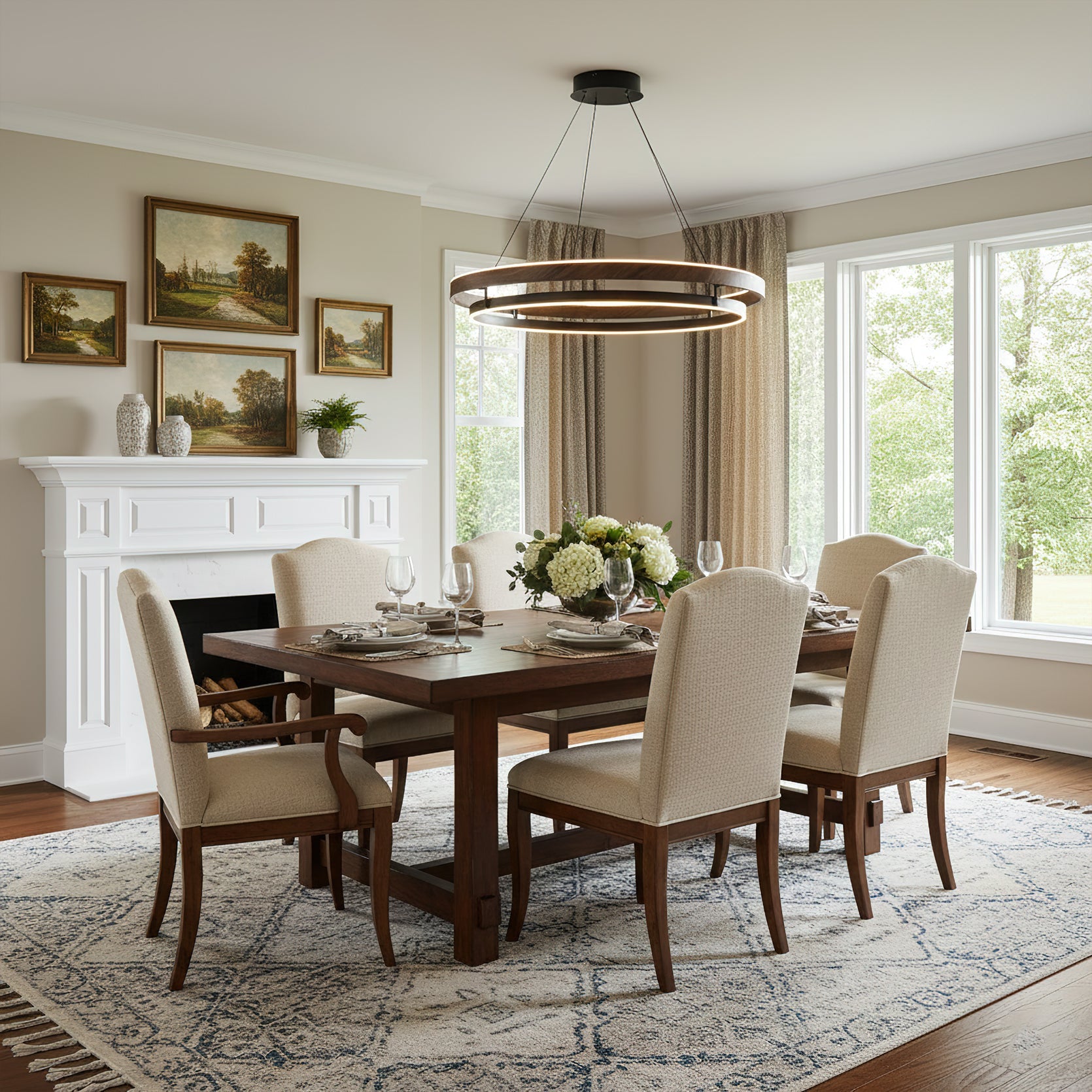 Halo Ring LED Pendant Light Walnut Finish Triac Dimmable Living Room