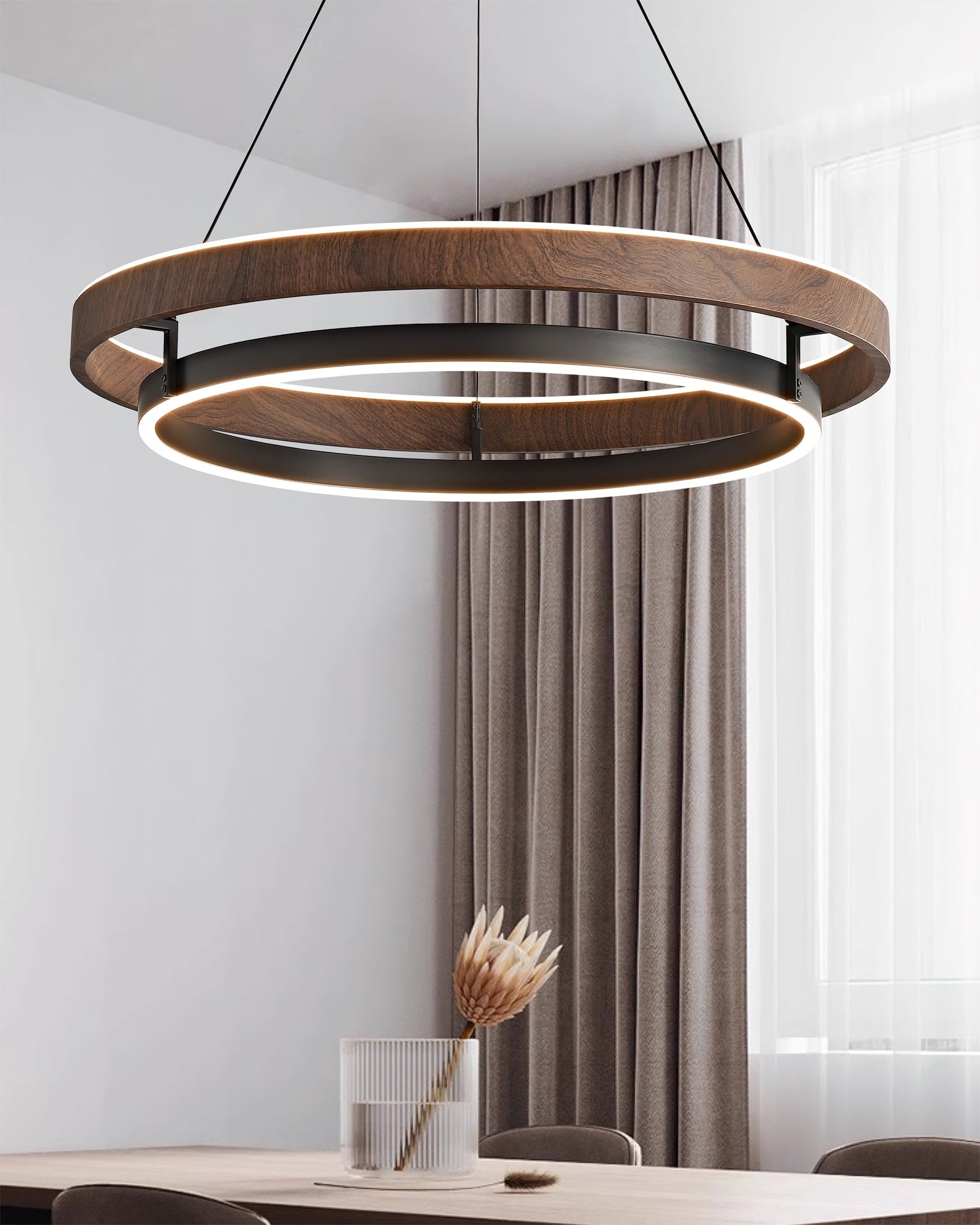 Halo Ring LED Pendant Light Walnut Finish Triac Dimmable Living Room