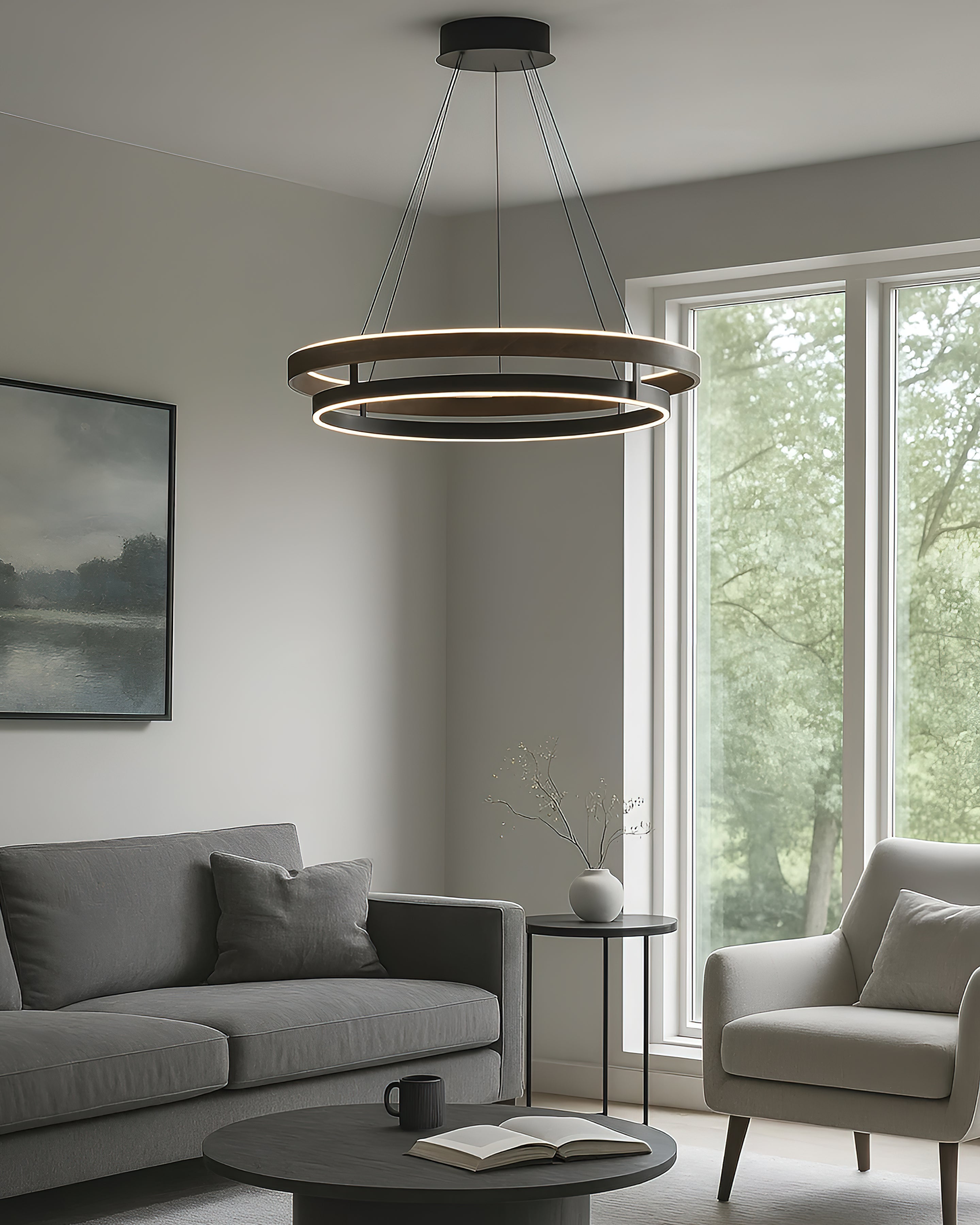 Halo Ring LED Pendant Light Walnut Finish Triac Dimmable Living Room