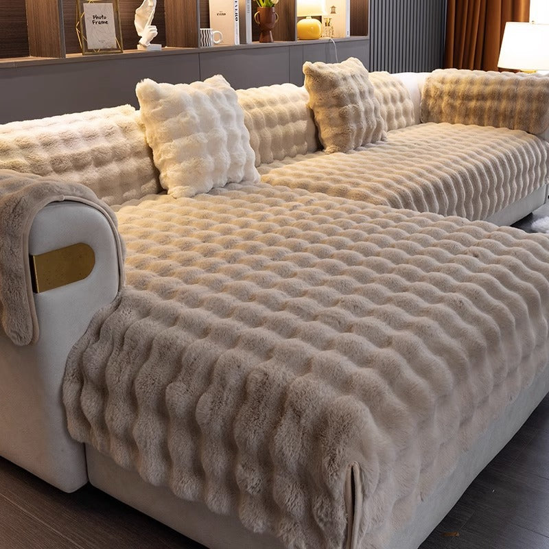 Faux Fur Couch Cover Non-Slip Bubble Plush for Sectionals