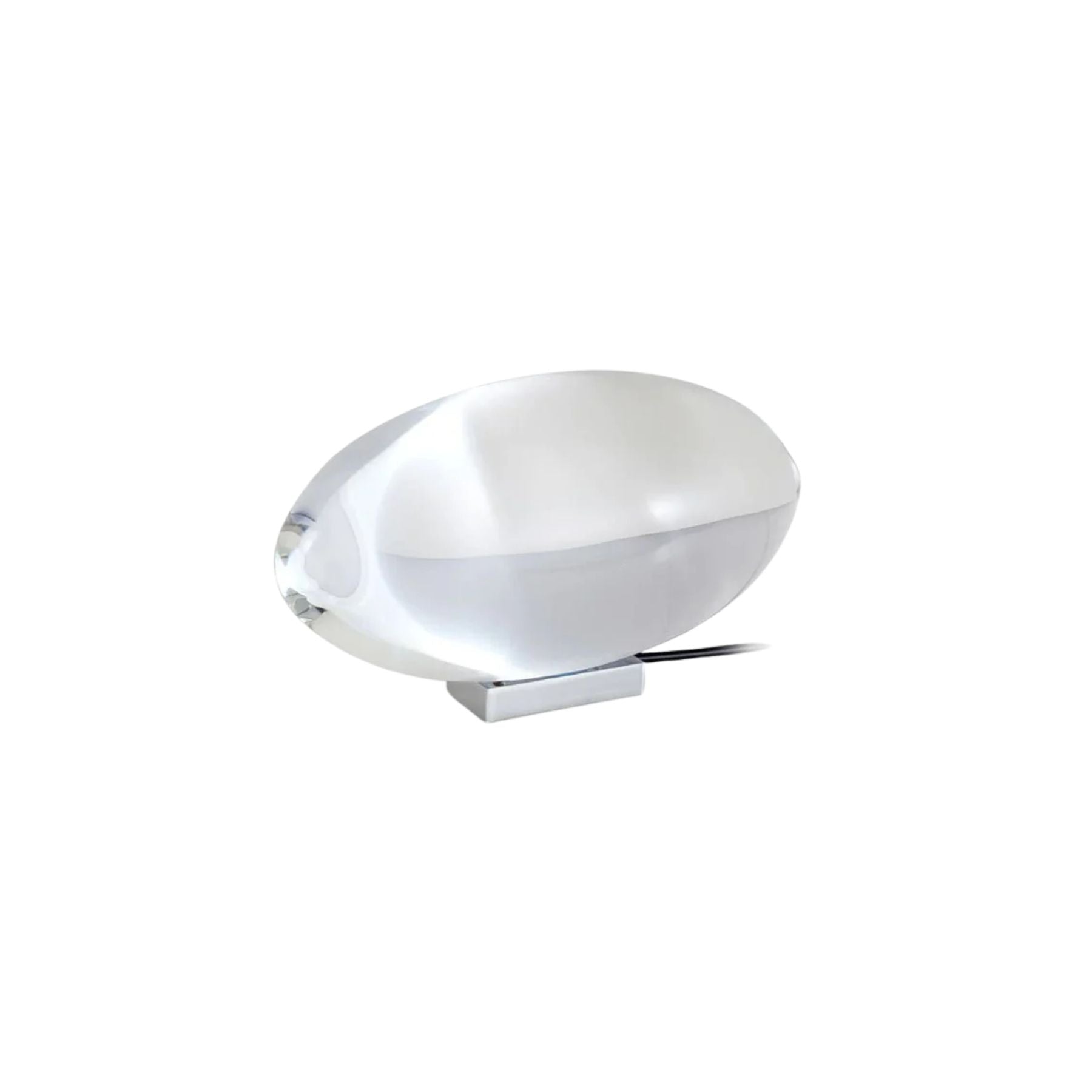 Oval dekorativ bordlampe med transparent linseformet krop og indvendig glød