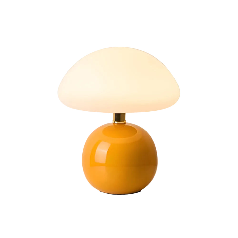 Paddeformet bordlampe med kugleformet base og kuppelformet opalglasskærm