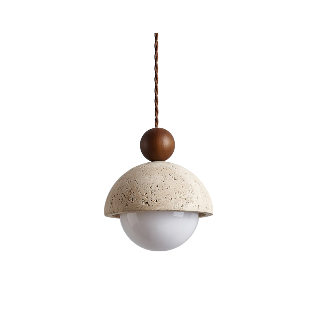Travertine Pendant Light with Glass Globe and Wood Accent Kitchen Island