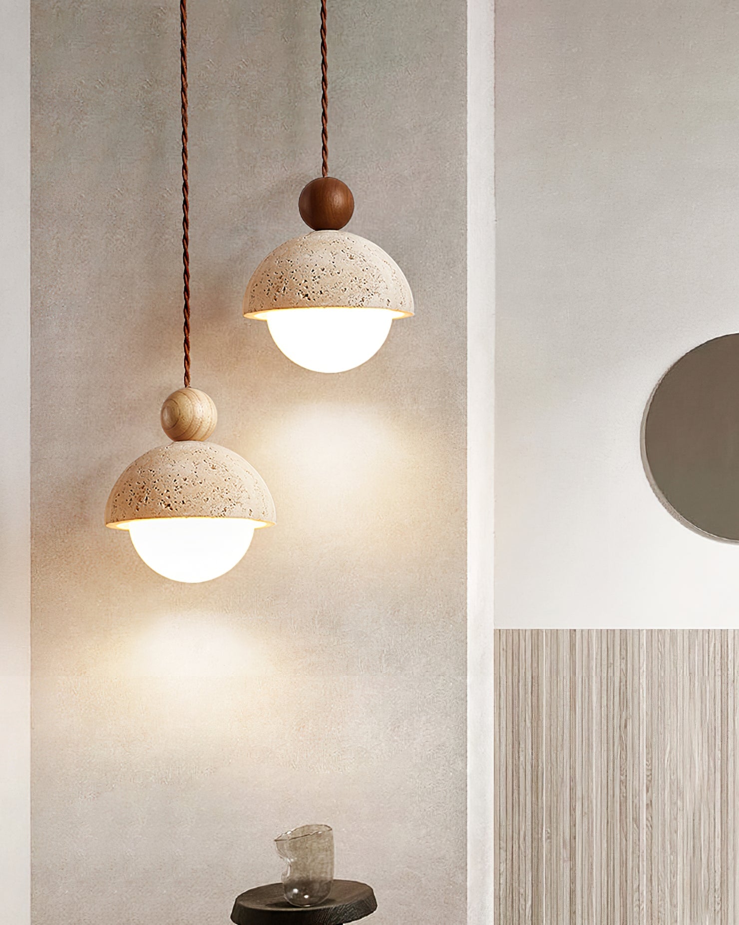 Travertine Pendant Light with Glass Globe and Wood Accent Kitchen Island