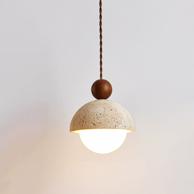Travertine Pendant Light with Glass Globe and Wood Accent Kitchen Island