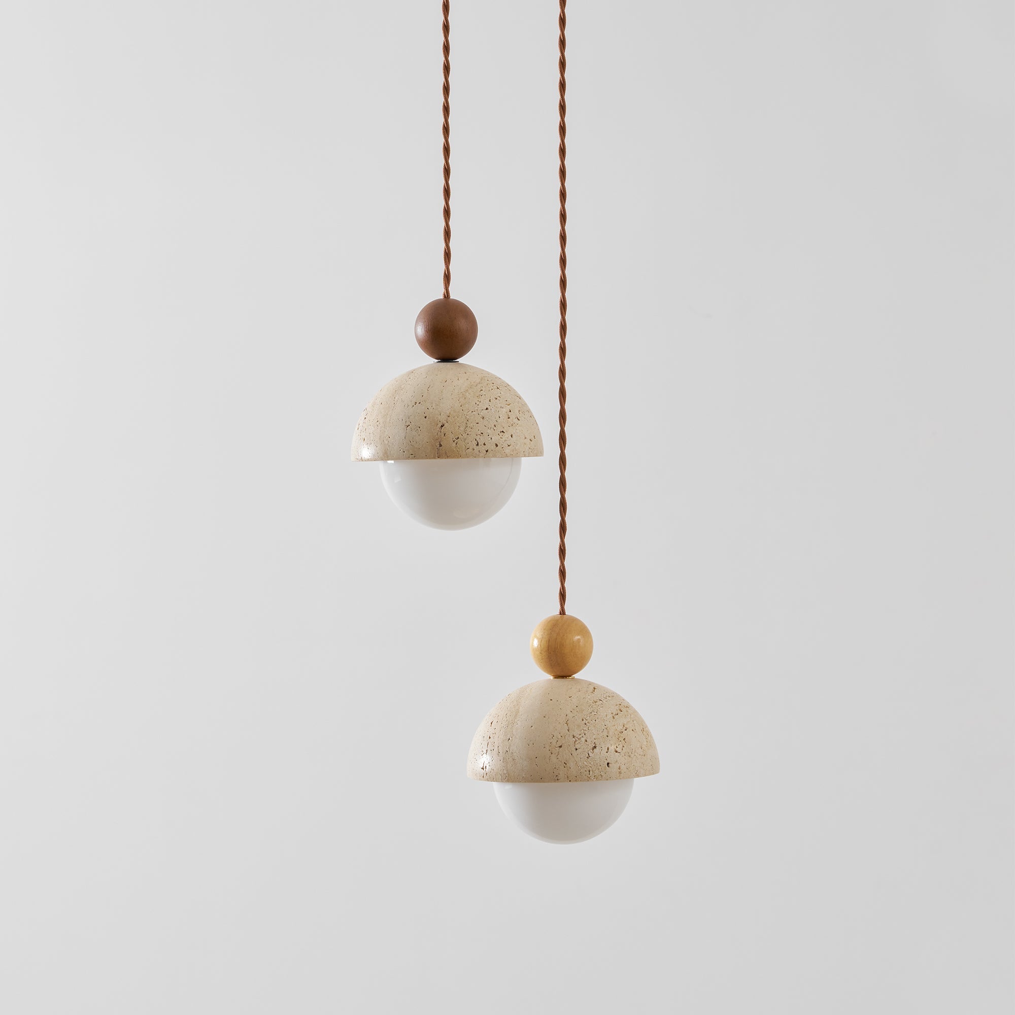 Travertine Pendant Light with Glass Globe and Wood Accent Kitchen Island