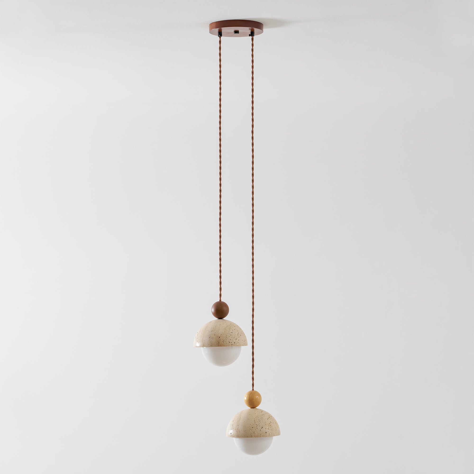 Travertine Pendant Light with Glass Globe and Wood Accent Kitchen Island