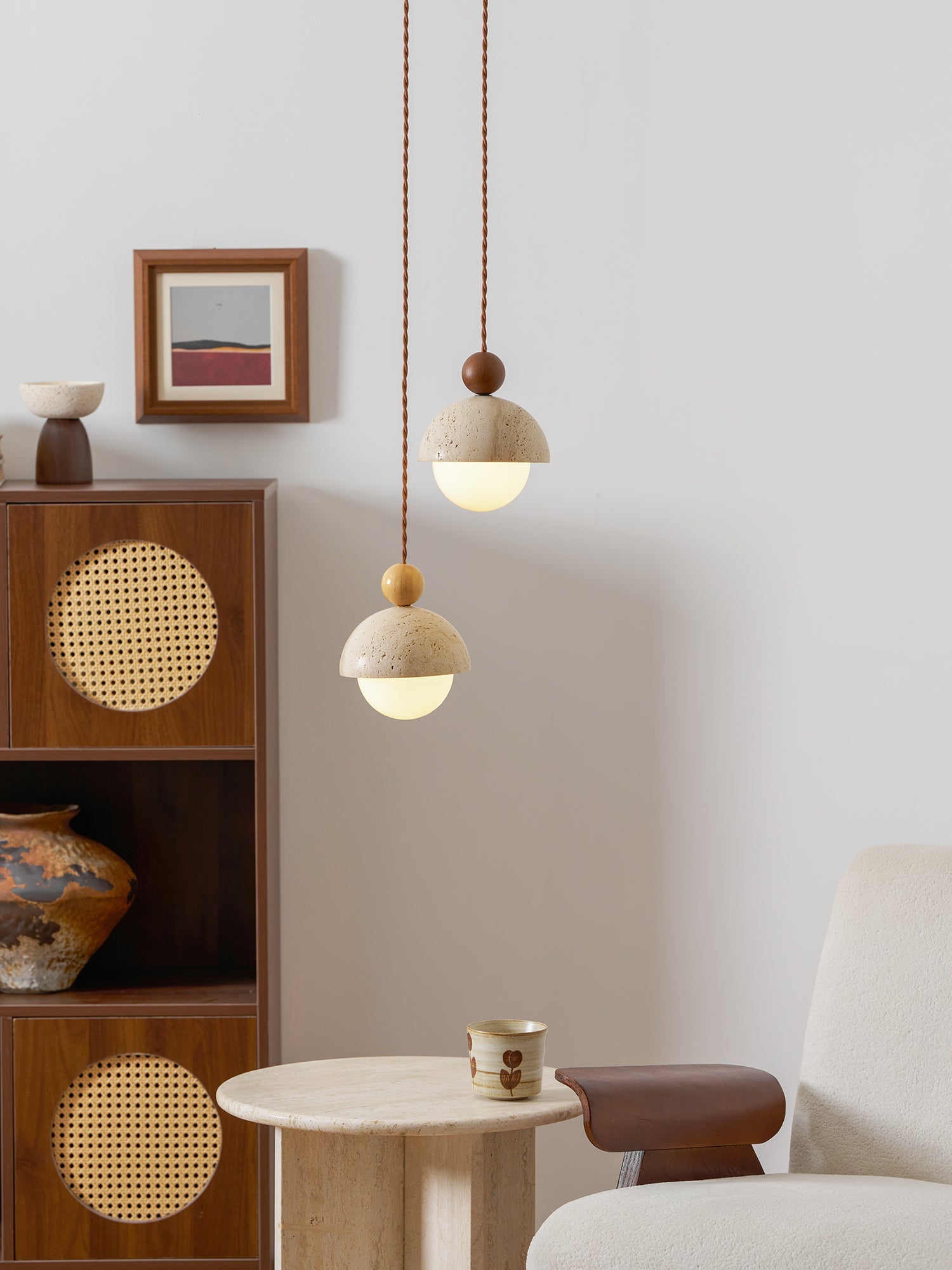 Travertine Pendant Light with Glass Globe and Wood Accent Kitchen Island