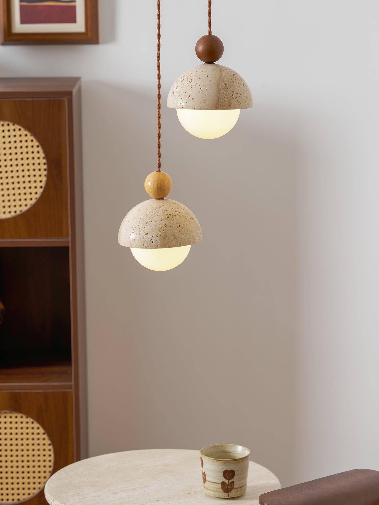 Travertine Pendant Light with Glass Globe and Wood Accent Kitchen Island