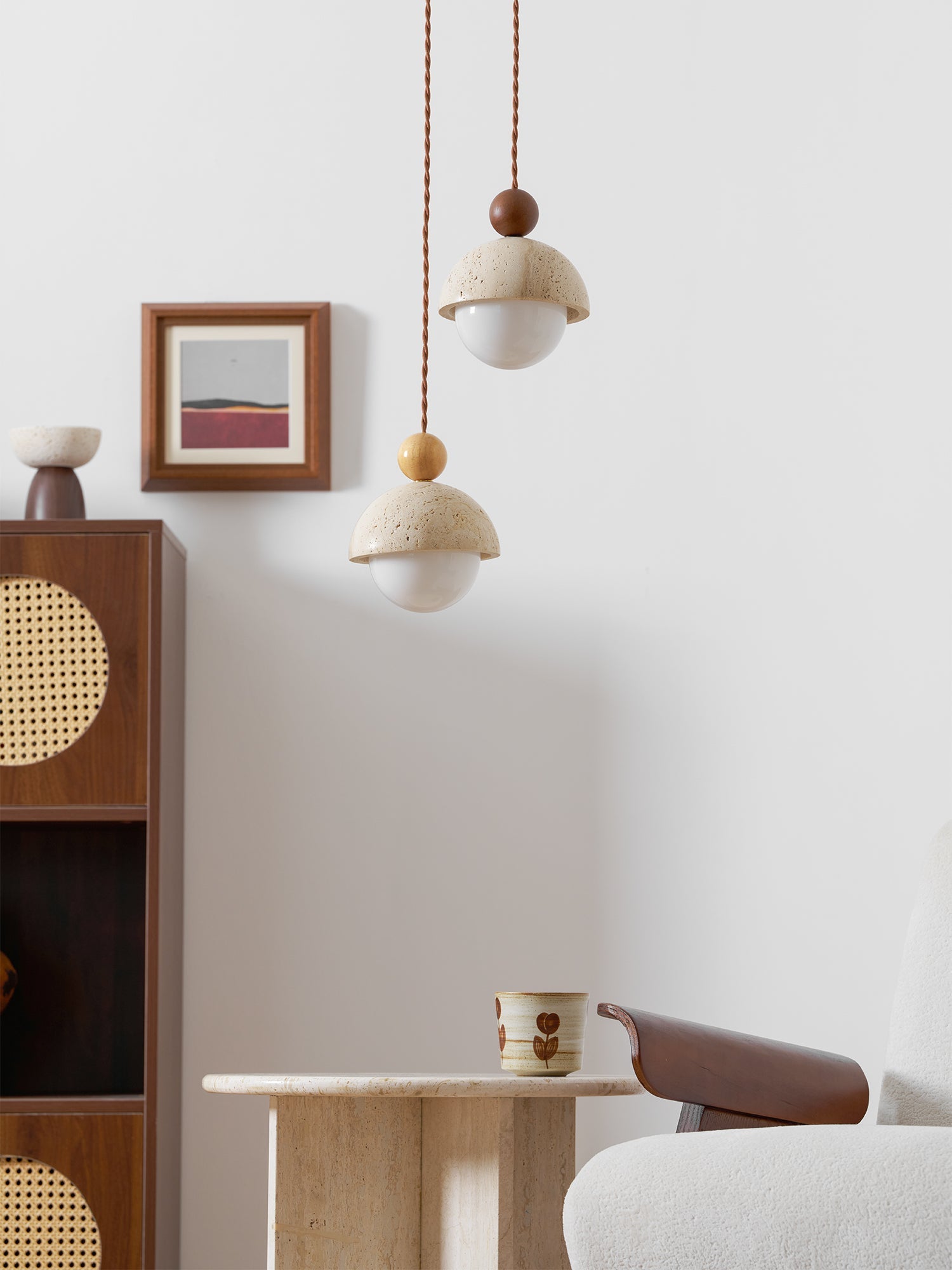 Travertine Pendant Light with Glass Globe and Wood Accent Kitchen Island