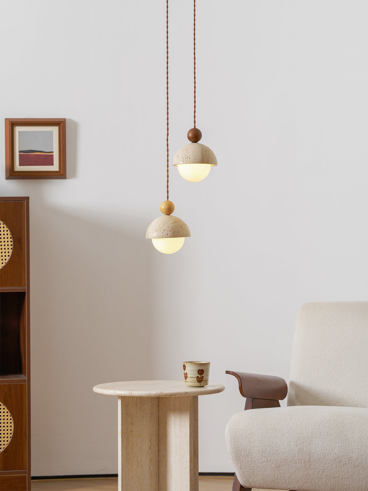 Travertine Pendant Light with Glass Globe and Wood Accent Kitchen Island