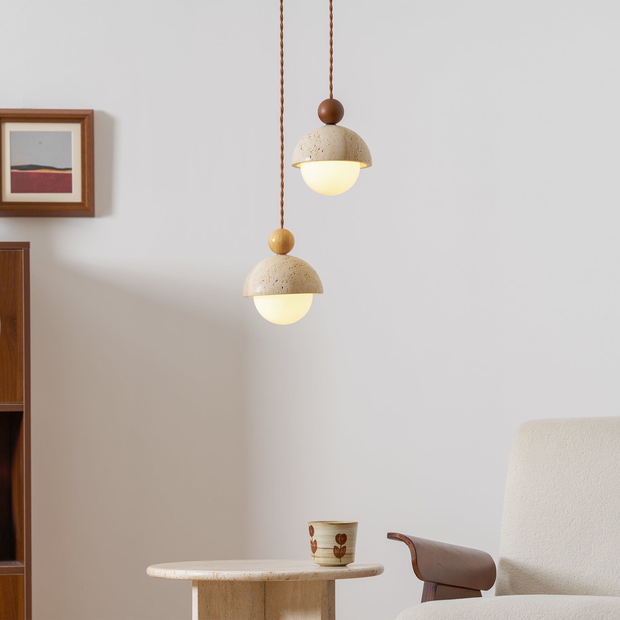 Travertine Pendant Light with Glass Globe and Wood Accent Kitchen Island
