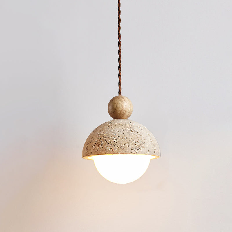 Travertine Pendant Light with Glass Globe and Wood Accent Kitchen Island