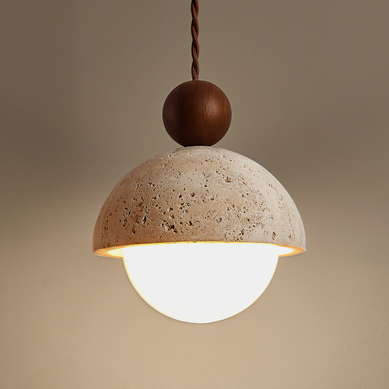 Travertine Pendant Light with Glass Globe and Wood Accent Kitchen Island