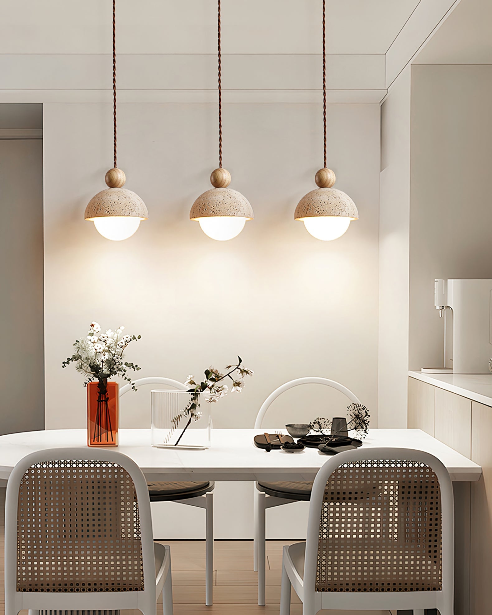 Travertine Pendant Light with Glass Globe and Wood Accent Kitchen Island