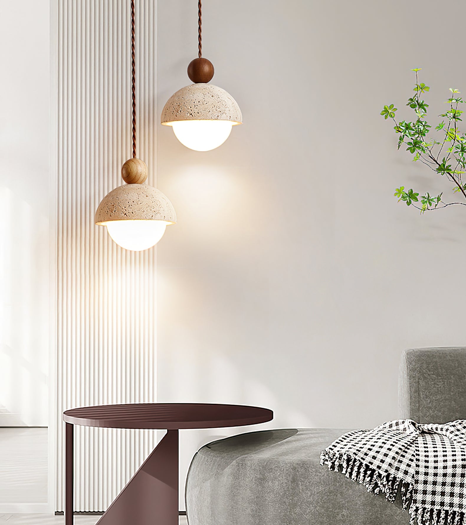 Travertine Pendant Light with Glass Globe and Wood Accent Kitchen Island
