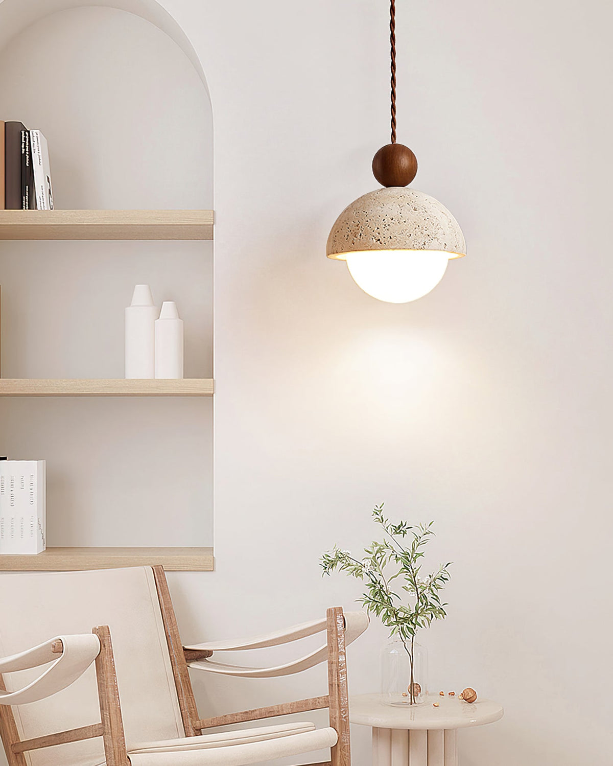 Travertine Pendant Light with Glass Globe and Wood Accent Kitchen Island