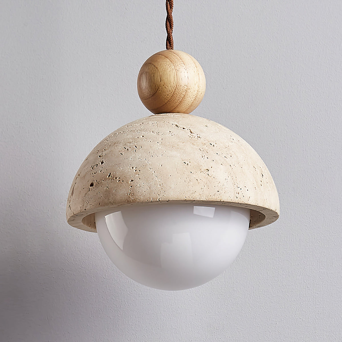 Travertine Pendant Light with Glass Globe and Wood Accent Kitchen Island
