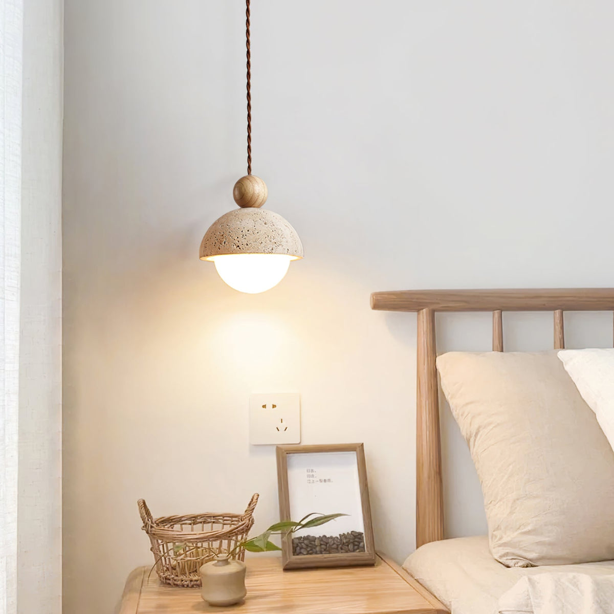 Travertine Pendant Light with Glass Globe and Wood Accent Kitchen Island