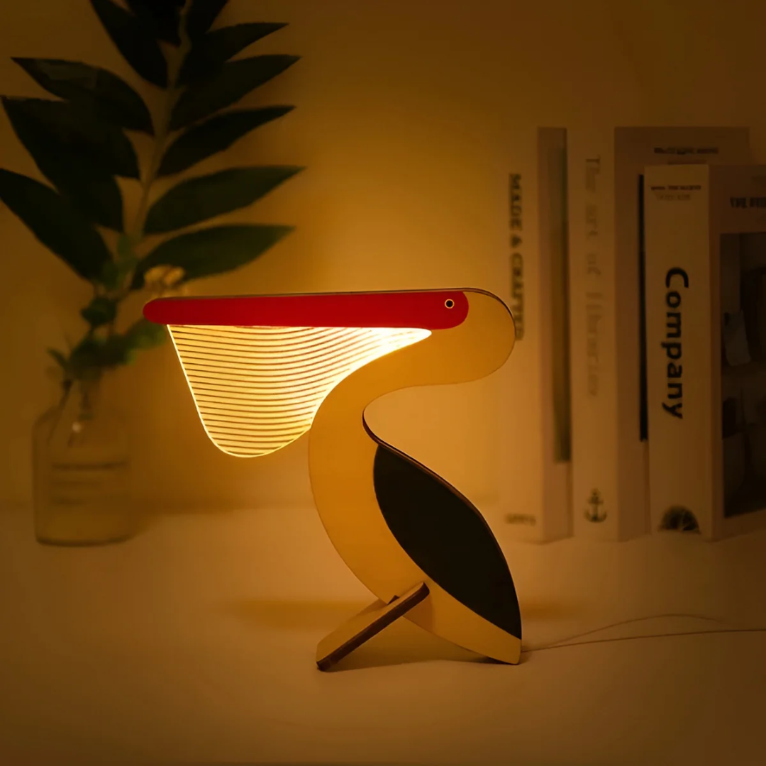 Pelikan Bordlampe  Træ med Struktureret Lampeskærm Dekorativ Design til Børneværelse eller Stue