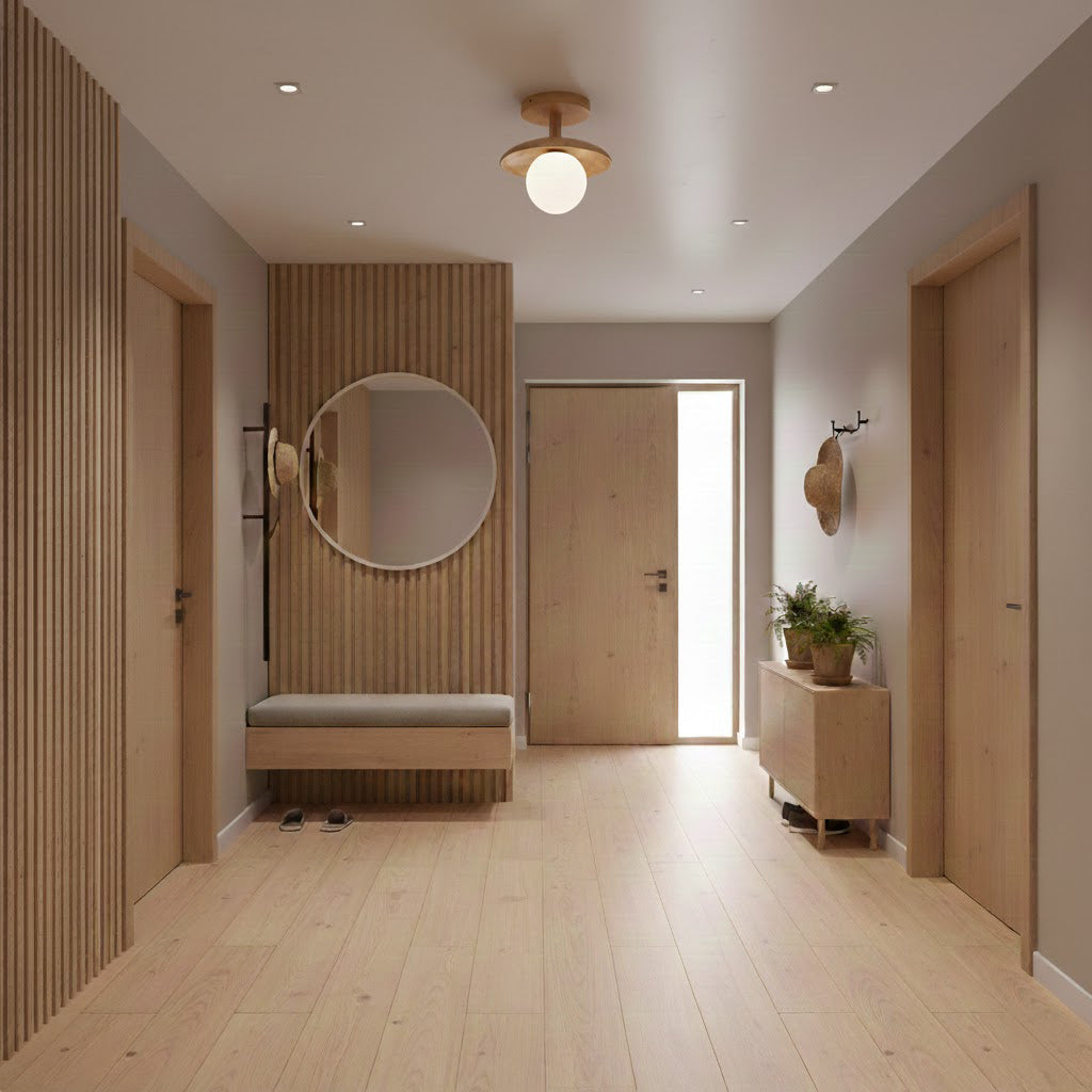 Low Profile Flush Mount Ceiling Light Ash Wood and White Glass Hallway