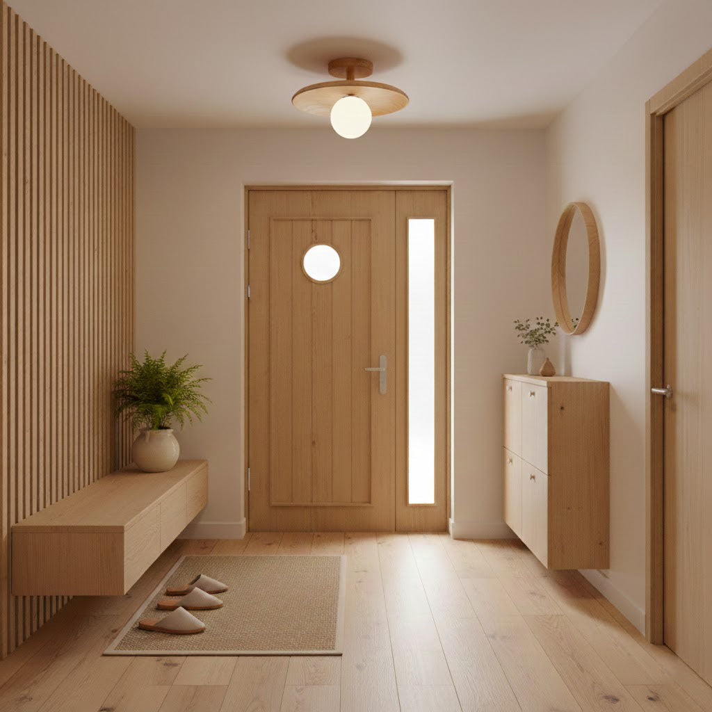 Low Profile Flush Mount Ceiling Light Ash Wood and White Glass Hallway