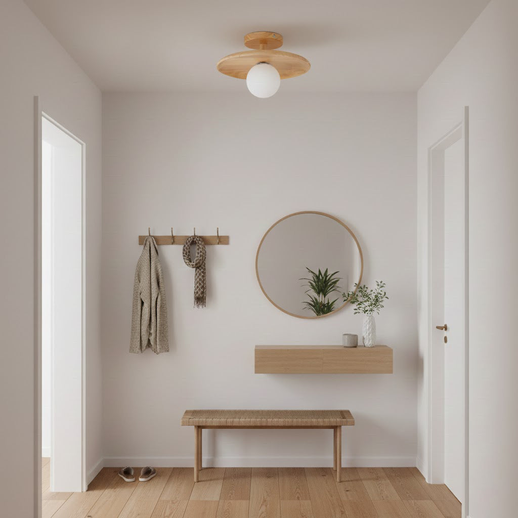 Low Profile Flush Mount Ceiling Light Ash Wood and White Glass Hallway
