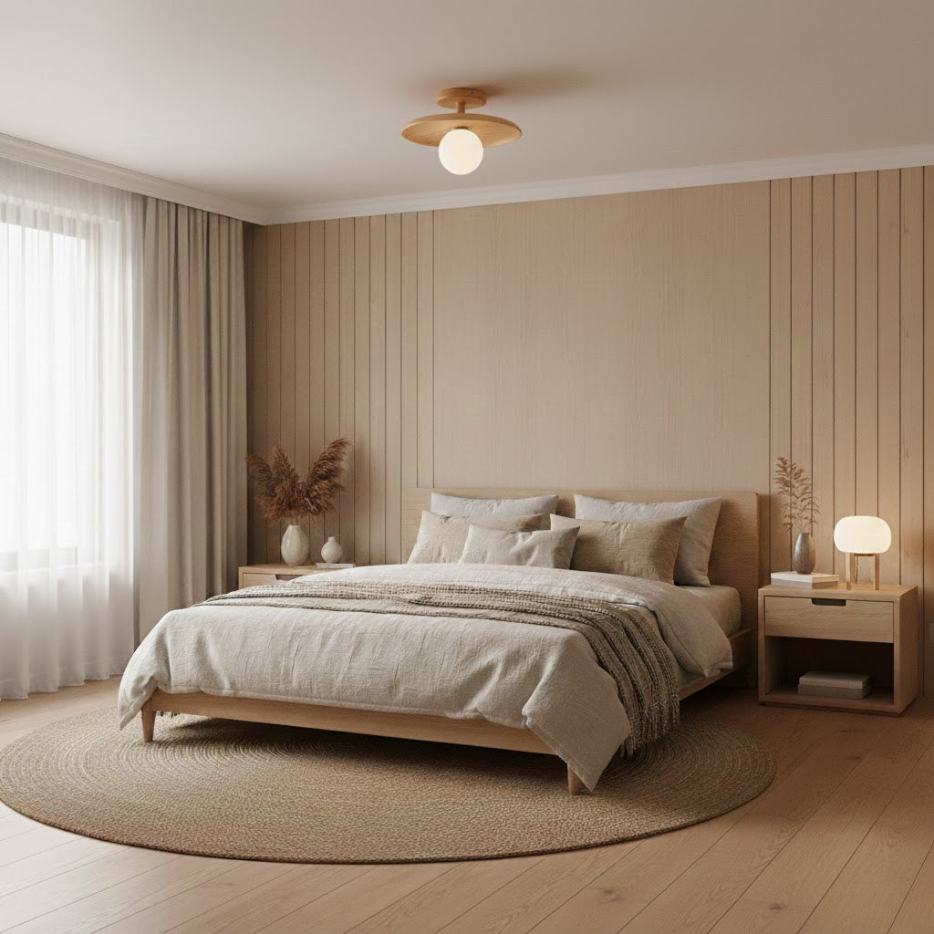 Low Profile Flush Mount Ceiling Light Ash Wood and White Glass Hallway