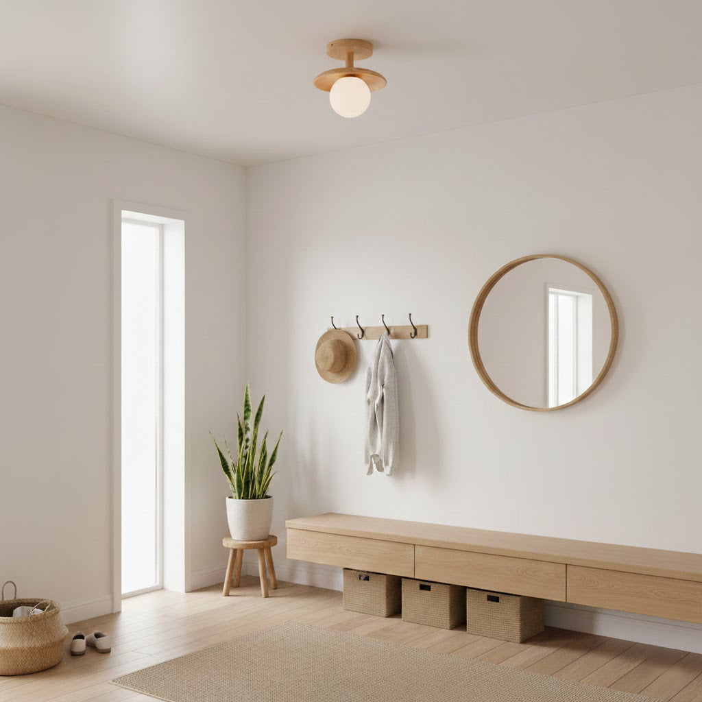 Low Profile Flush Mount Ceiling Light Ash Wood and White Glass Hallway
