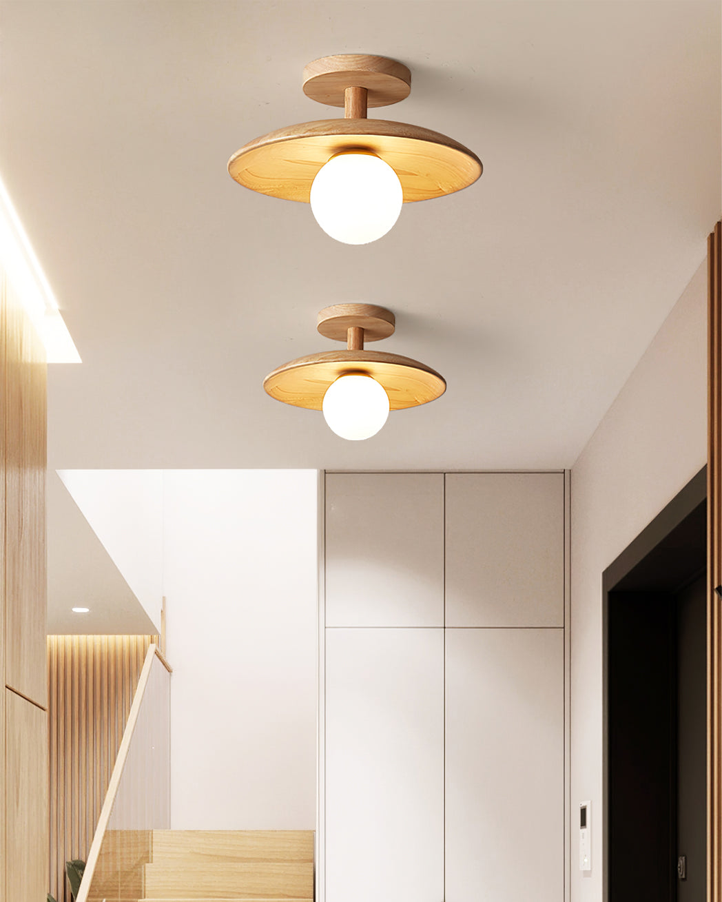 Low Profile Flush Mount Ceiling Light Ash Wood and White Glass Hallway
