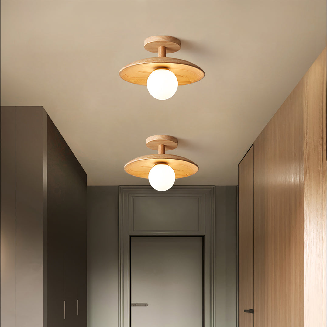 Low Profile Flush Mount Ceiling Light Ash Wood and White Glass Hallway