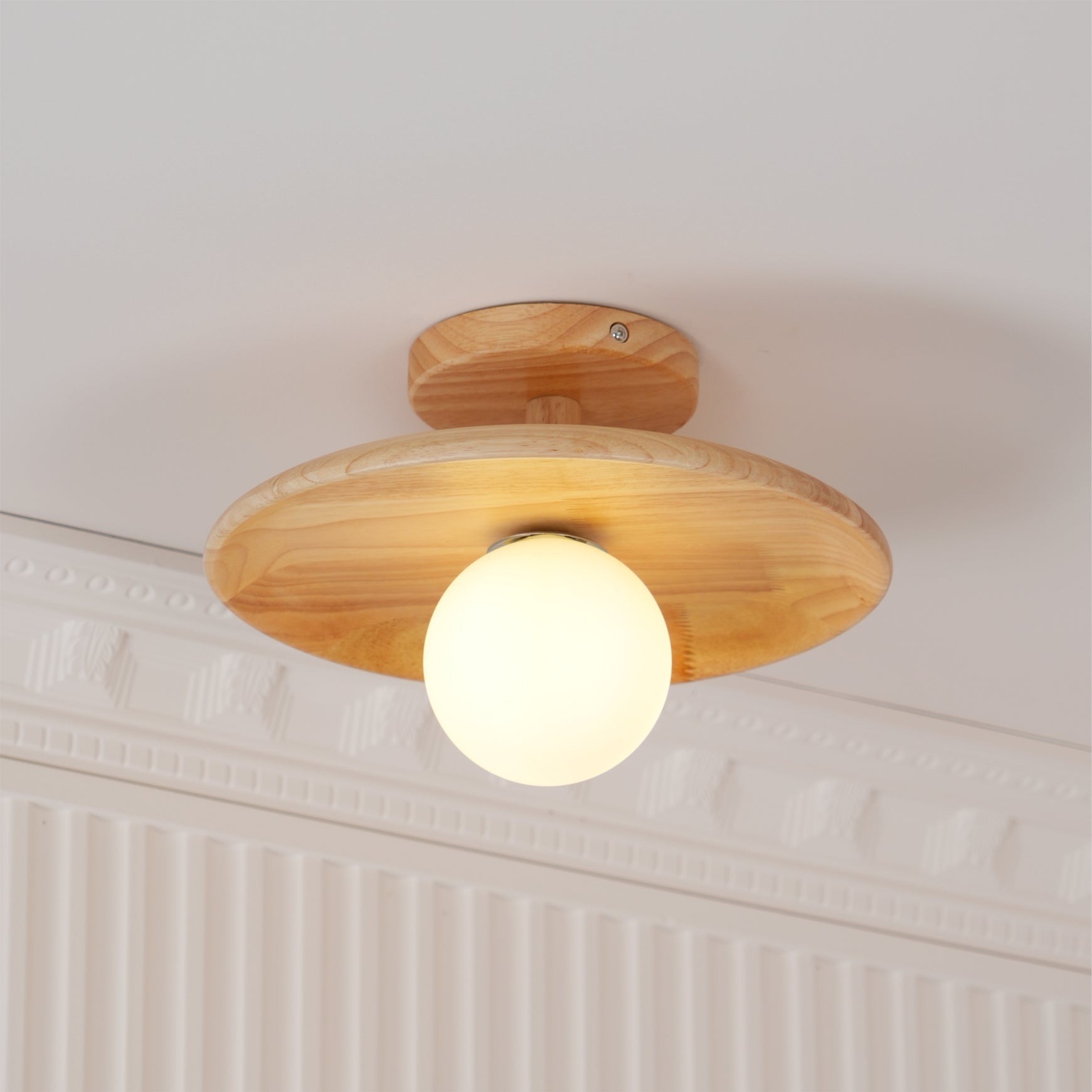 Low Profile Flush Mount Ceiling Light Ash Wood and White Glass Hallway